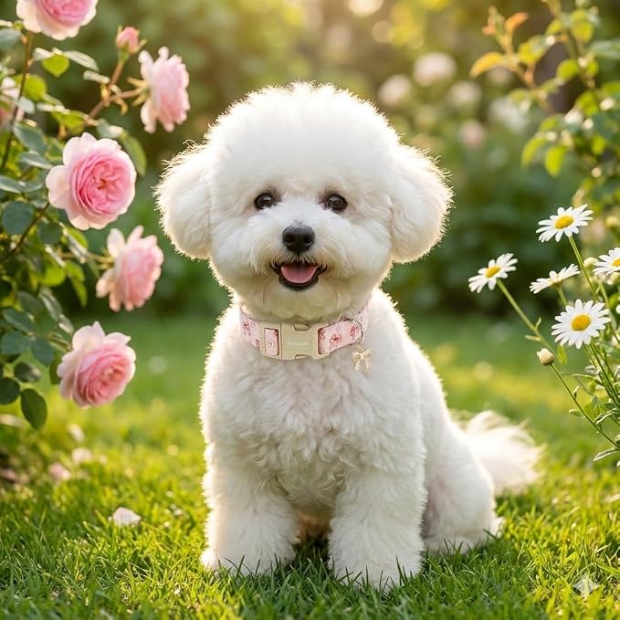 Pink Bow Dog Collar with Flower, Adjustable Cotton Puppy Collar, Cute Girl Boy Dog Collars for Small Medium Large Dogs, Ideal for Gifts,Pet Accessory,L