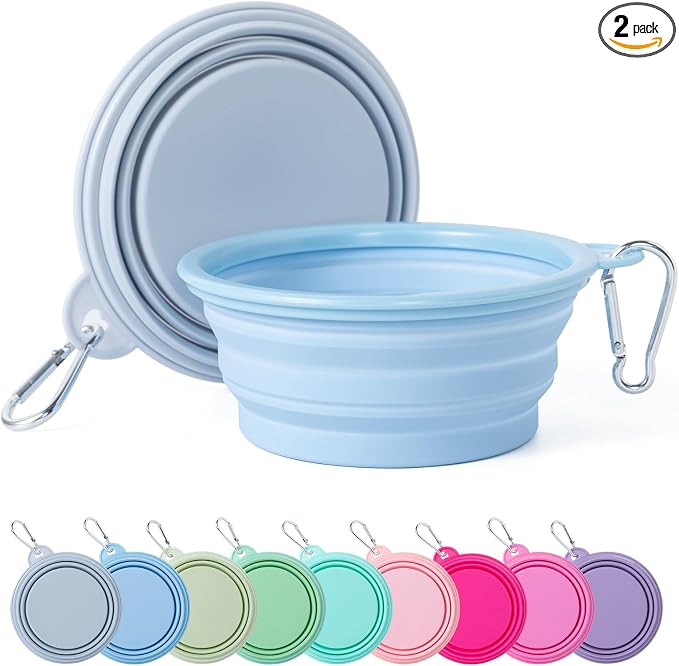 SLSON Collapsible Dog Bowl, 2Pack Macaron Color Pet Travel Bowls Silicone Foldable Water Feeder Dish for Small to Large Dogs Cat Walking Hiking Camping (Macaron Blue and Light Grey, Small)