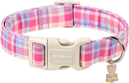 DOGWONG Easter Dog Collar- Cute Easter Plaid Dog Collars Adjustable Girl Female Puppy Dog Collar for Small Dogs, S