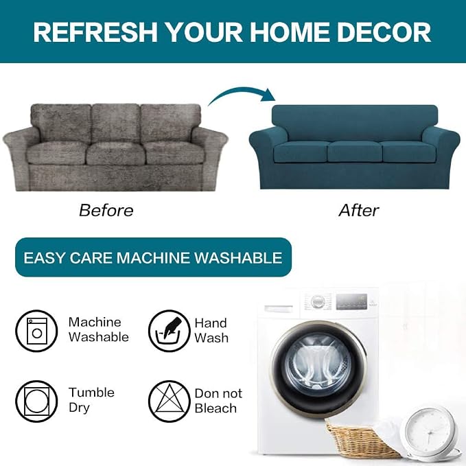Turquoize 4 Piece Sofa Covers for 3 Cushion Couch Sofa Slipcover Soft Couch Cover for Dogs-Washable Sofa Furniture Covers with 3 Individual Large Cushion Covers Jacquard Fabric(XL Sofa,Deep Teal)