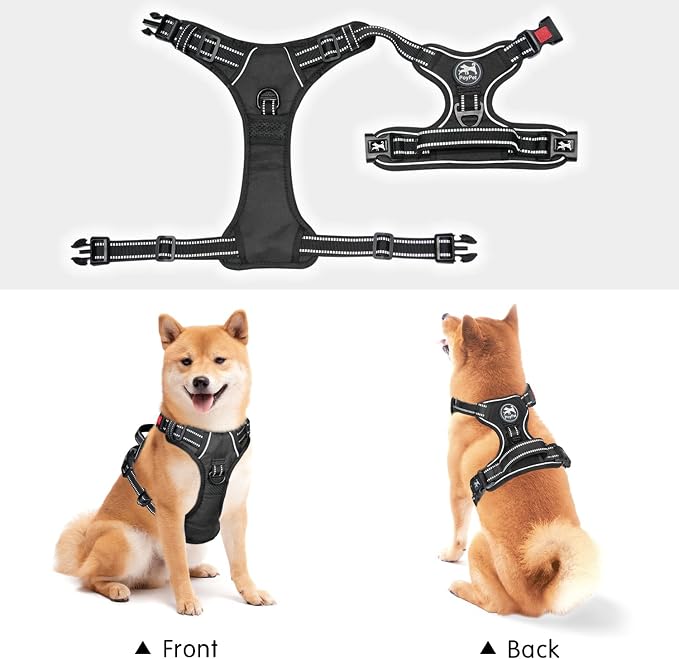 PoyPet No Pull Dog Harness, No Choke Front Lead Dog Reflective Harness, Adjustable Soft Padded Pet Vest with Easy Control Handle for Small to Large Dogs(Black,L)