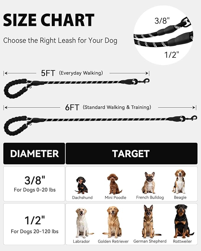 Joytale Dog Leash for Small Dogs, Heavy Duty Nylon Leashes with Comfortable Padded Handle and Highly Reflective Threads, Ideal for Walking and Training, Black, 6'×3/8''