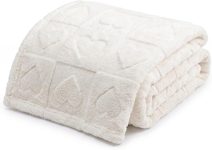 Americanflat 50x60 Jacquard Fleece Throw Blanket - Soft and Breathable Throw Blanket for Couch, Bed, Chair - Fleece Blankets Perfect for Home, Bedroom, or Outdoor Use - Heart Design in Cream