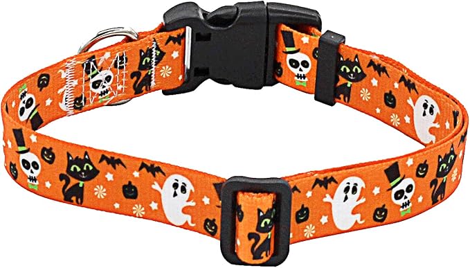 Mihqy Halloween Dog Collar - Pumpkin Bat Ghost Pattern - Adjustable for Small Medium Large Dogs(Halloween,M)