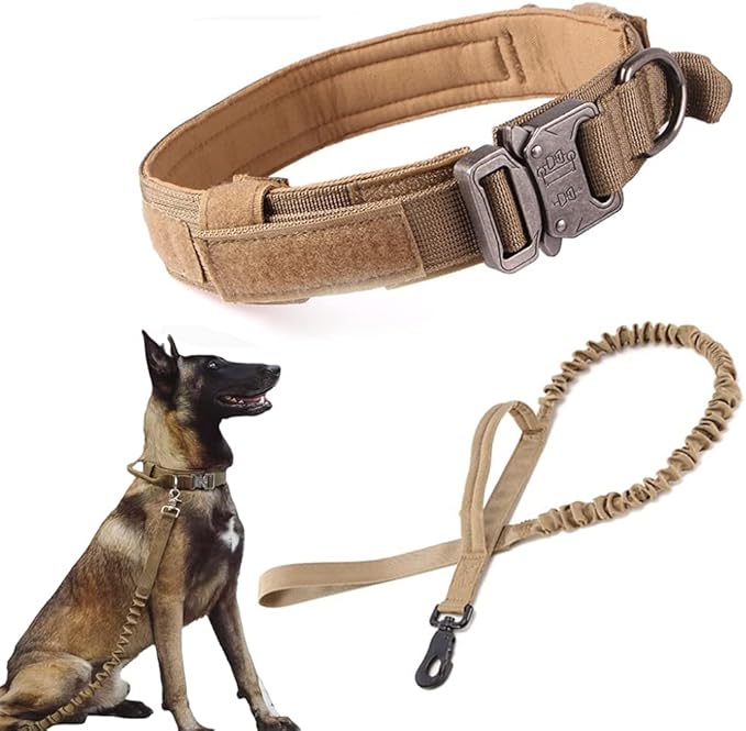 Tactical Dog Collar and Leash Set Adjustable Military Nylon Dog Collar with Control Handle and Heavy Duty Metal Buckle for Large Dogs（Brown XXL