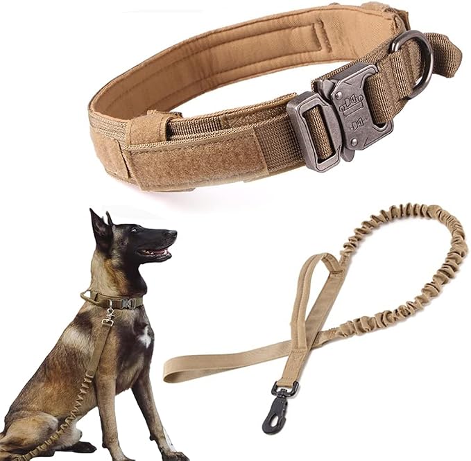 Tactical Dog Collar and Leash Set Adjustable Military Nylon Dog Collar with Control Handle and Heavy Duty Metal Buckle for Large Dogs（Brown XL