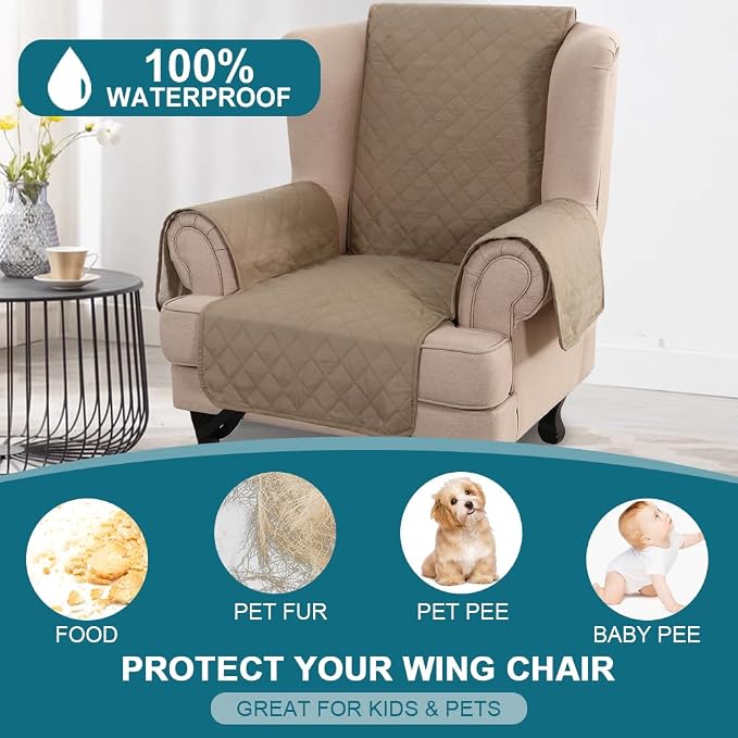 Turquoize 100% Waterproof Wing Chair Cover Wing Armchair Slipcovers Chair Couch Protector Triple Non-Slip Sofa Slipcover Furniture Protector for Pets, Kids,Dog (Wing Chair, Taupe)