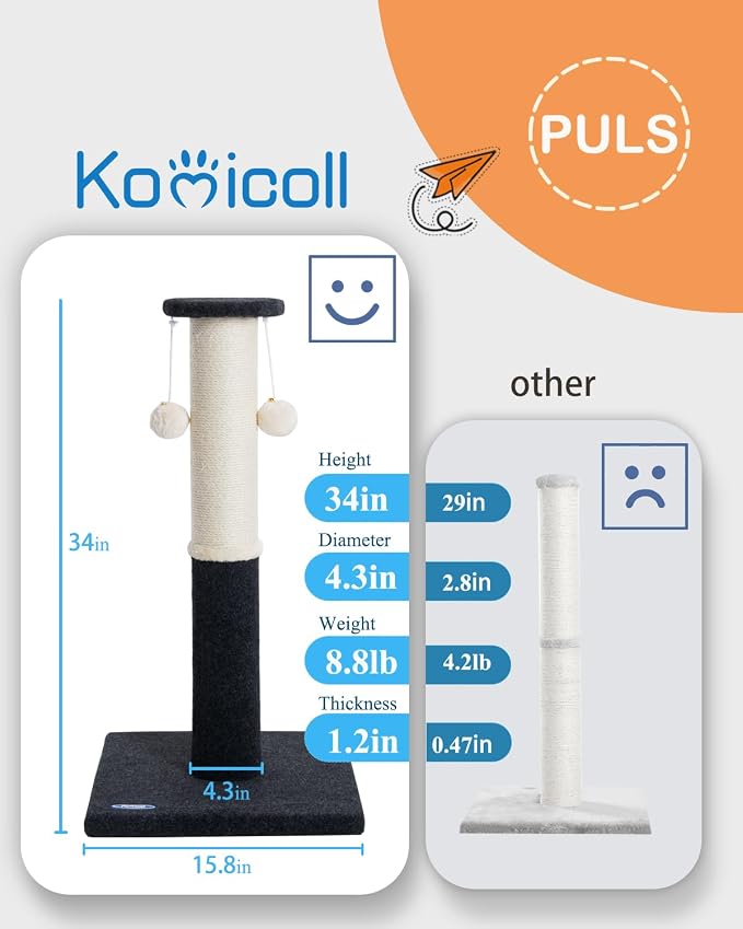 34-Inch Tall Cat Scratching Post, Komicoll Large Scratch Post, Sisal Cat Scratcher, Sturdy and Durable Cat Post with Hanging Ball for Indoor Cats