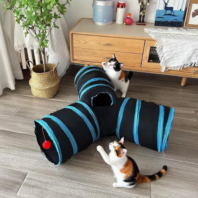 3-Way Collapsible Cat Tunnel Tube Toy Black Blue — Interactive Play Tunnel with Hanging Ball & Peek Hole for Indoor Cats, Kittens, Puppies & Rabbits | Hours of Fun & Exercise