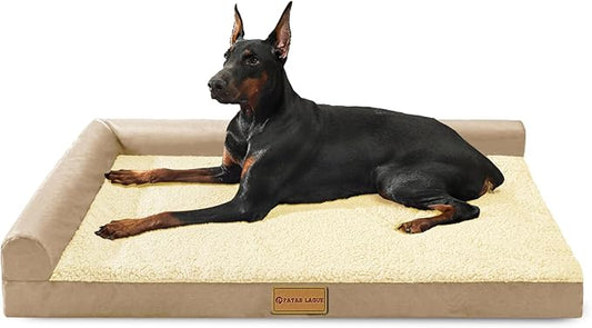 Patas Lague Orthopedic XL Dog Bed Large Sized Dog 42''X28'', Waterproof L Bolster Big Large Pet Sofa Beds with Removable Washable Cover, Soft Pet Couch Crate Mat with Nonskid Bottom, Beige