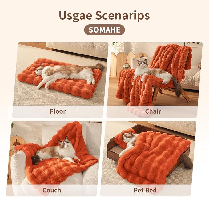 SOMAHE Cat Blanket, Reversible Sherpa & Bubble Fleece Pet Throw, Ultra-Soft Plush for Indoor Cats, Machine Washable, Anti-Static, Warm & Cozy, 22"×18" Inch Orange