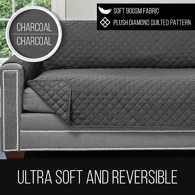 Sofa Shield® Couch Armchair Covers for Dogs, Reversible Furniture Protector with Strap, Stain and Tear Resistant Cushion Cover, 48 inch Seat, Machine Washable Slipcover Pets, Cats, Charcoal