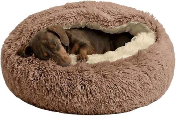 Hooded Donut Dog Bed with Cover, Calming Anti-Anxiety Dog Cave Bed for Small Medium Dogs, Plush Fluffy Burrowing Pet Bed with Waterproof Non-Slip Bottom (Brown,S-20”)