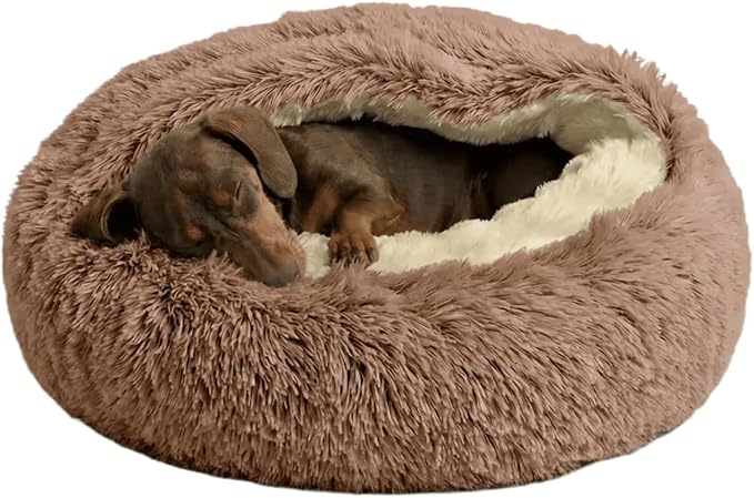 Hooded Donut Dog Bed with Cover, Calming Anti-Anxiety Dog Cave Bed for Small Medium Dogs, Plush Fluffy Burrowing Pet Bed with Waterproof Non-Slip Bottom (Brown,L-32”)