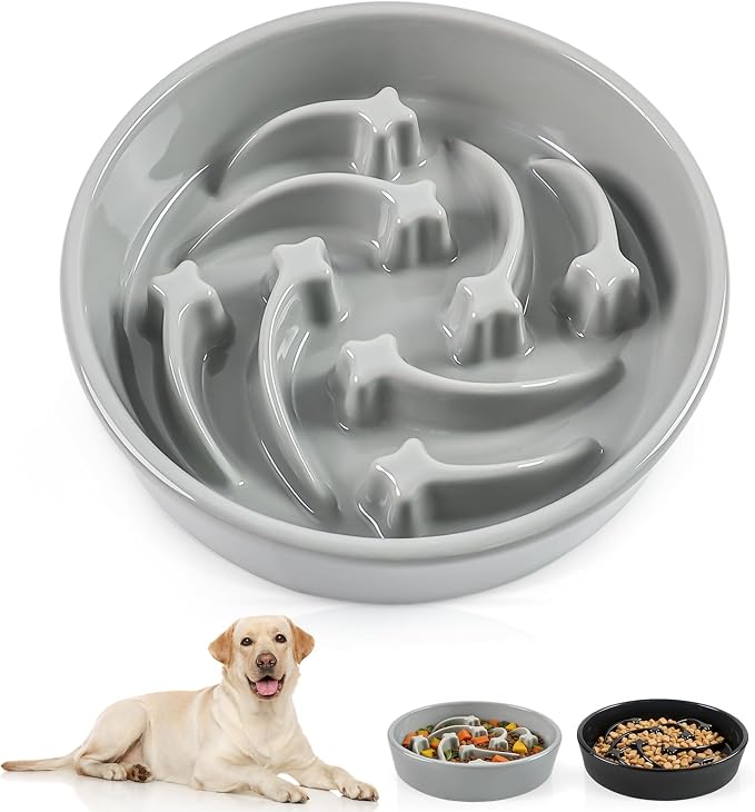 Ceramic Slow Feeder Dog Bowls, 2 Cups Dog Food Dish for Medium and Large Breed, Puzzle Dog Food Bowl for Fast Eater, 28OZ, 8.15 inch(Grey)