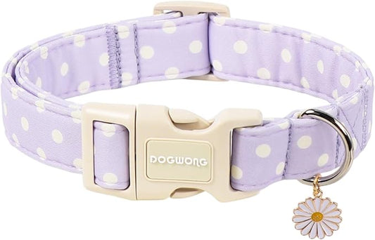 Spring Summer Dog Collar for Girl Dogs- Purple Polka Wedding Dog Collar, Adjustable Soft Beach Dots Dogs Collars for Medium Dogs, M