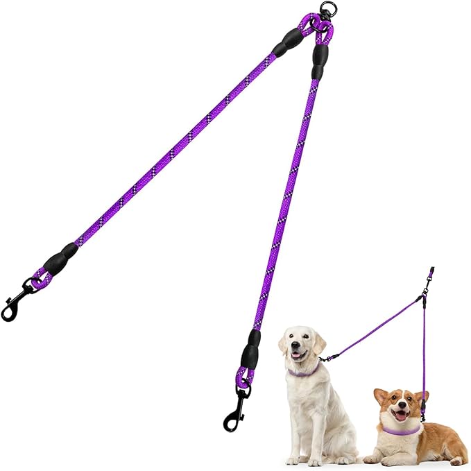 Taglory Double Dog Leash Coupler for Two Dogs, 1/3" Lightweight Dual Leash Extension for Small and Medium Dogs, No Tangle 360° Swivel, Reflective Rope, 30 Inch, Purple