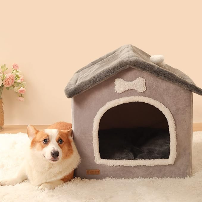 Cozy Plush Cave Bed Safe Haven for Small Pets - Foldable Kennel with Removable Washable Cover, Portable Indoor House with Sherpa Lining for Dogs Cats (Small)