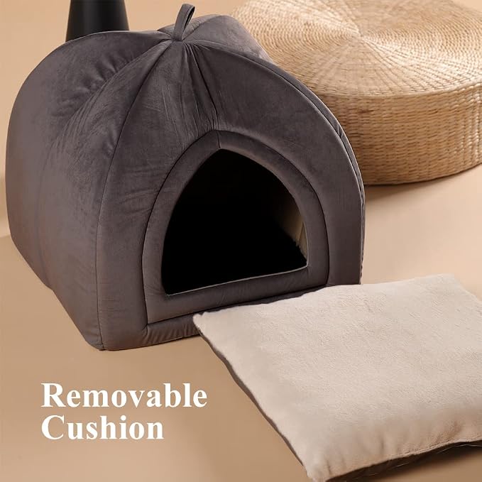 KASENTEX Cat Bed for Indoor Cats, 2-in-1 Cat House Pet Supplies for Kitten and Small Cat or Dog - Animal Cave, Cat Tent with Removable Washable Pillow Cushion (Dark Grey 15x15x15)