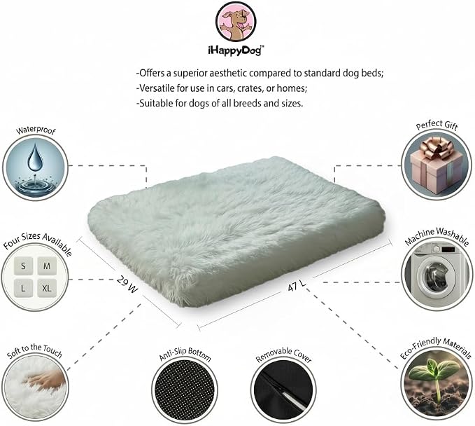 iHappyDog Faux Fur Orthopedic Dog Bed, Memory Foam Rectangular Crate Bed for Large XL Dogs, Plush Furry Bed That Looks Like a Rug, Calming Bed for Senior Dogs, Washable Cover - White, XLarge 47" x 29"