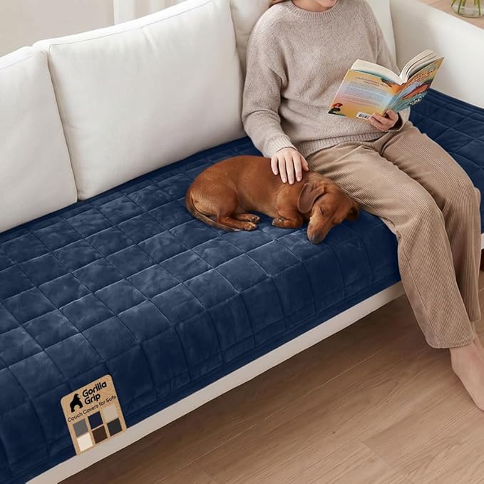 GORILLA GRIP Slip and Leak Resistant Plush Quilted Sofa Cushion Cover Blanket, Soft Couch Covers for Sofa Dogs, Machine Washable Furniture Protector Pet Friendly Couches, Navy, 70x28 Inches