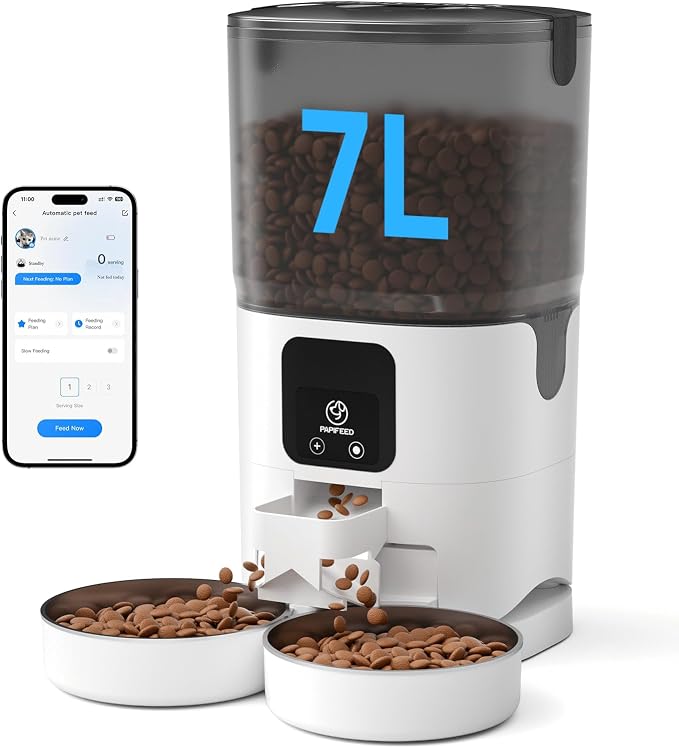 PAPIFEED Automatic Cat Feeder 2 Cats, 2.4G WiFi Cat Food Dispenser with App, 7L Slow Feeder Timed Cat Feeder for Dry Food, 10 Meals/Day, 12 Portions/Meal, Smart Pet Feeder for Small Dog, White