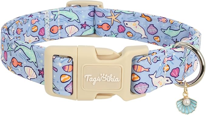 Cute Ocean Themed Dog Collar, Cotton Adjustable Pet Collar with Seashell Charm, Dolphin & Fish Print for Small Medium Large Dogs, Summer Beach Puppy Collar for Girl & Boy Dogs-M