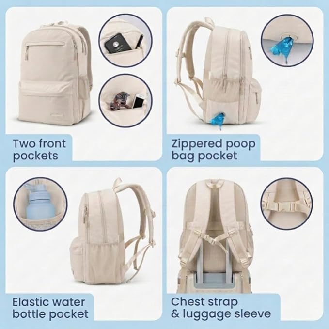 Dog Travel Bag for Supplies - Complete Dog Diaper Bag Backpack with 2 BPA-Free Travel Bowls, Treat Pouch, Food Container, Placemat & Laptop Sleeve – for Traveling, Road Trips, Hiking: Beige