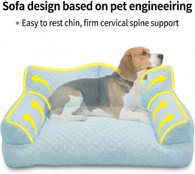 Cooling Dog Bed Cat Bed for Small Medium Large Dogs & Cats, Washable Pet Sofa Bed with 5D Breathable Fabric, Orthopedic Calming Bolster Bed, High-Resilience PP Cotton Blue 35.4"x21.7"x9.8"