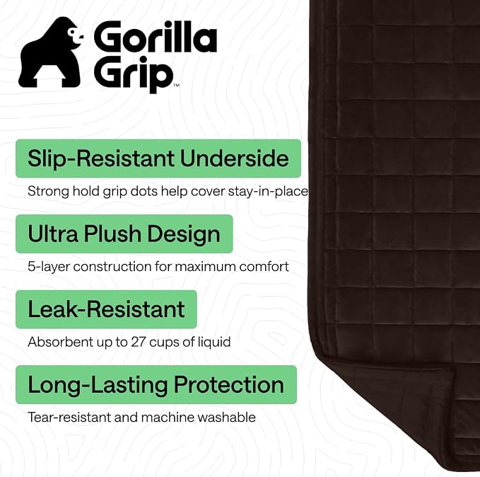 GORILLA GRIP Slip and Leak Resistant Plush Quilted Large Chair Cushion Cover Blanket, Soft Couch Covers for Sofa Dogs, Machine Washable Furniture Protector Pet Friendly Couches, Brown, 48x28 Inches