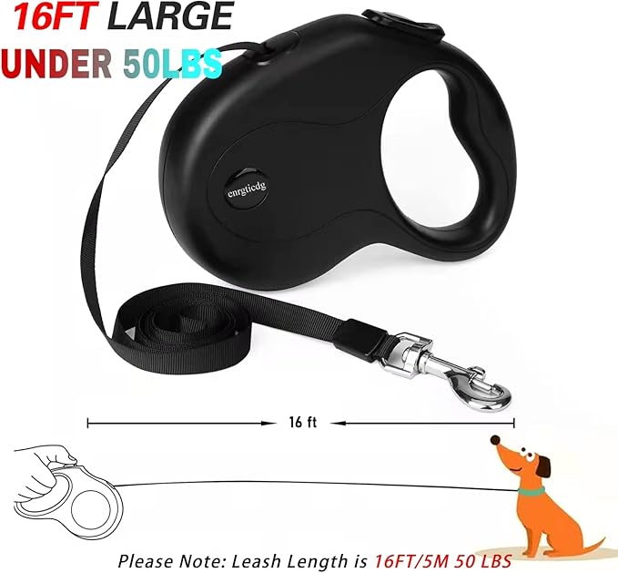 enrgticdg 16Ft Retractable Dog Leash,Light Weight Leash for Small to Medium Dogs/Cats Up to 50lbs,Stainless Steel Spring Strong Nylon Tape, Tangle Free, One-Handed Brake.(Black)