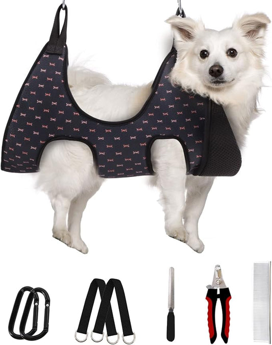 Supet Dog Grooming Hammock Harness for Dogs Cats, Relaxation Pet Nail Clipper Hammock, Restraint Dog & Medium Animal Leashes Sling for Groomingk for Nail Trimming (Black Currant, M)