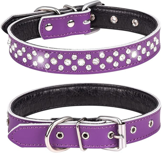 Rhinestone Dog Collar, Adjustable Cute Dazzling Sparkling Soft Leather Dog Collar Crystal Diamond Pet Dog Puppy Collar (L, Purple)