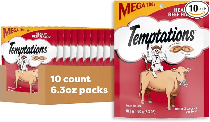 Temptations Classic Soft Cat Treats, Hearty Beef Flavor, Crunchy Cat Treats, 6.3 oz. Pouch (Pack of 10)