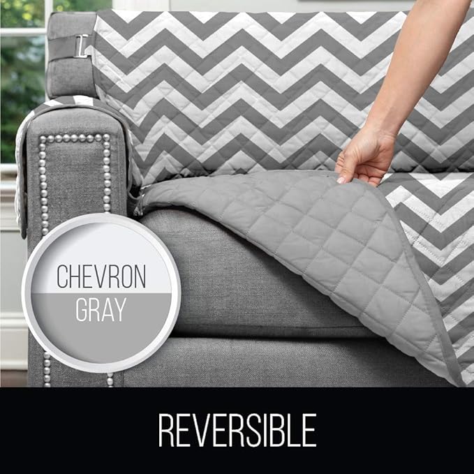 Sofa Shield® Couch Slip Covers for Dogs, Reversible Furniture Protector with Strap, Stain and Tear Resistant Cushion Cover, 78 inch Seat, Machine Washable Slipcover Pets, Cats, Chevron Gray
