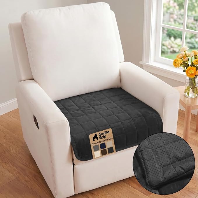 GORILLA GRIP Slip and Leak Resistant Plush Quilted Recliner Cushion Cover Blanket, Soft Couch Covers for Sofa Dogs, Machine Washable Furniture Protector Pet Friendly Couches, Dark Gray, 28x28 Inches