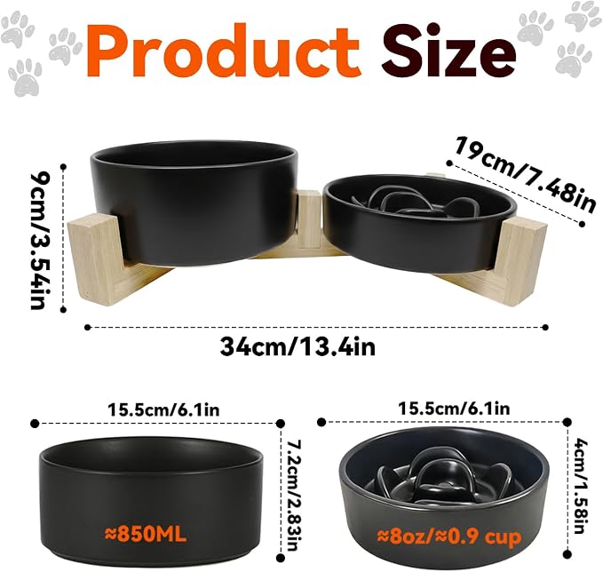 Ceramic Slow Feeder Dog Bowl Set-0.8 Cup Puzzle Dog Food Bowl（≈180g Food） for Fast Eater & 850ML Dog Water Bowl with Wooden Stand for Small Dogs and Cats,Anti-Slip,Black