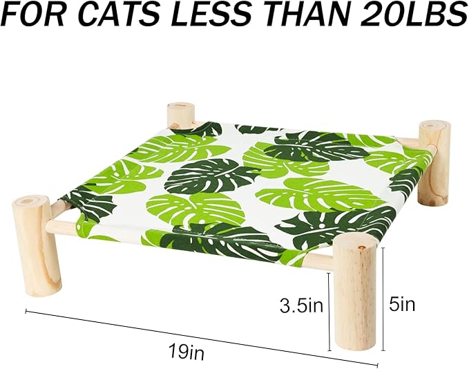Patas Lague Cat and Dog Hammock Bed for Small Dogs, Brethable Wooden Cat Pet Rabbit Elevated Cooling Outdoor Bed Cots Furniture for Summer Monstera Leaf