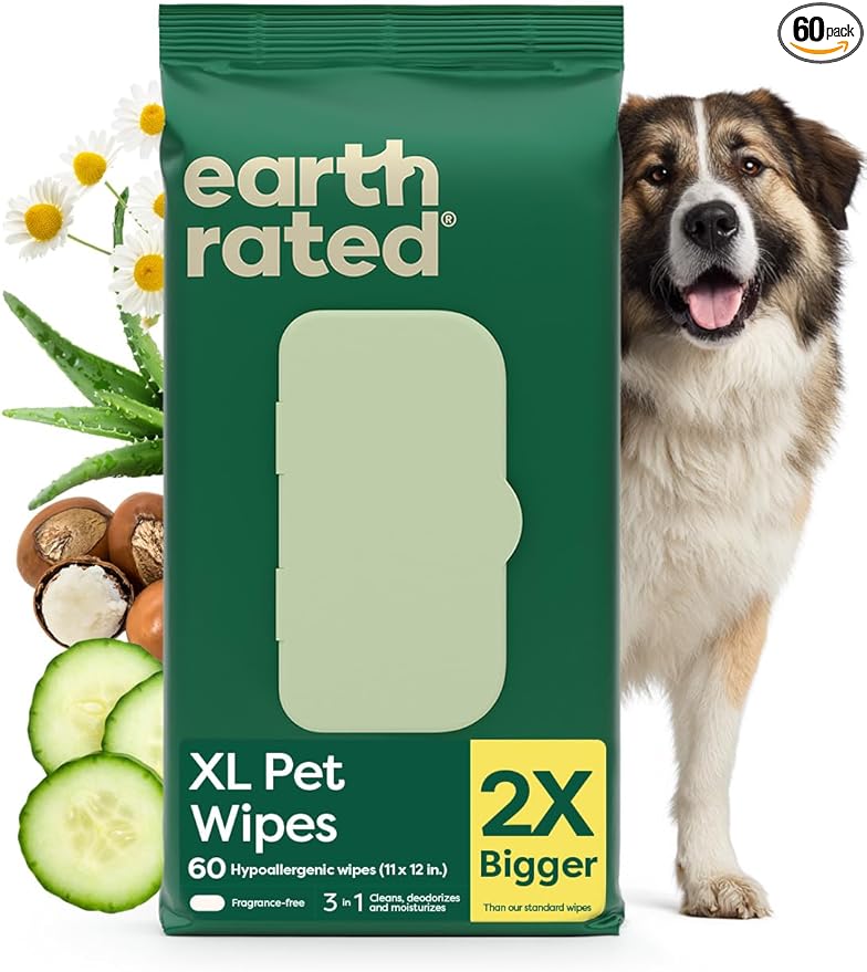 Earth Rated XL Pet Wipes for Dogs & Cats, Unscented Hypoallergenic, 60 Ct