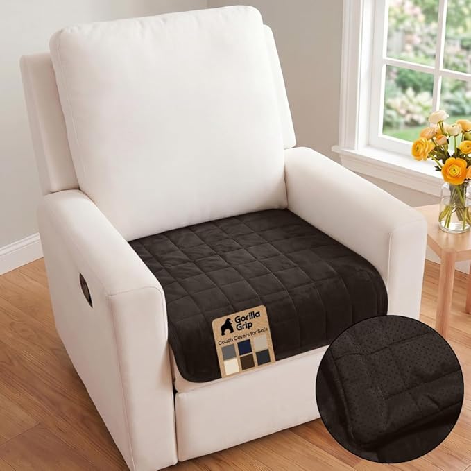 GORILLA GRIP Slip and Leak Resistant Plush Quilted Recliner Cushion Cover Blanket, Soft Couch Covers for Sofa Dogs, Machine Washable Furniture Protector Pet Friendly Couches, Brown, 28x28 Inches