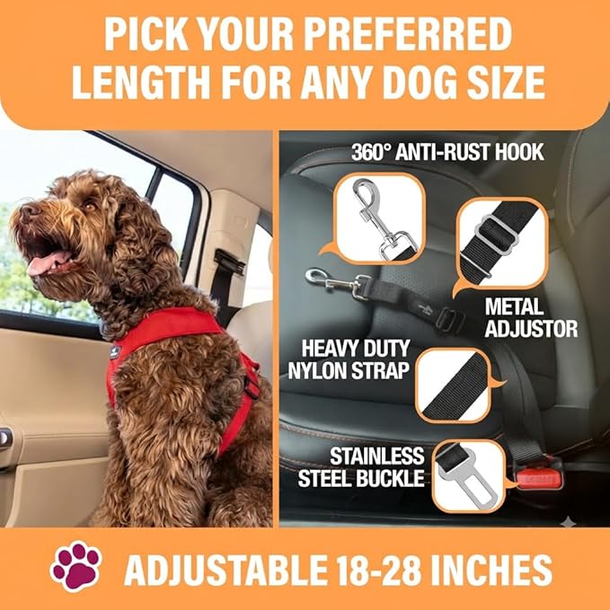 Active Pets Black Car Seat Belt for Dogs 2 Pack, Attaches to Harness & Collar, Adjusts 18" - 24" Safety & Comfort Travel Restraint System Fits Small - Large Pups, Seatbelt Pet Supplies & Accessories