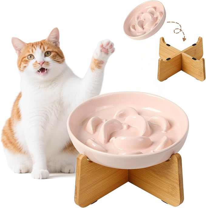 Elevated Slow Feeder Cat Bowl - Ceramic Cat Food Dish with Anti-Slip Bamboo Stand - Whisker Friendly Feeding Bowl - Raised Maze Plate for Slow Down Eating - Light Pink