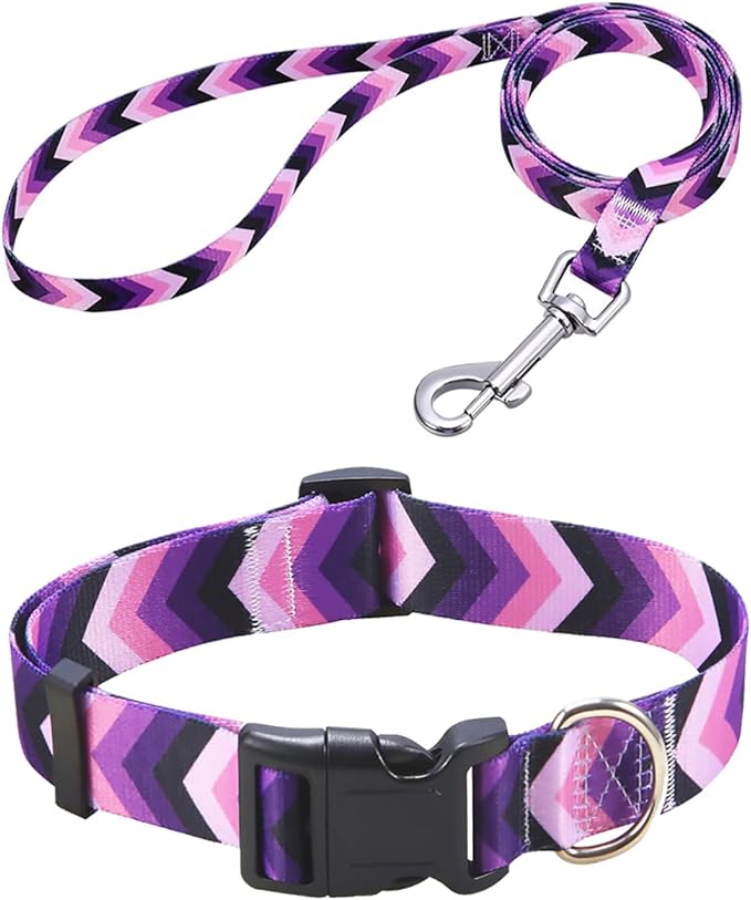 Mihqy Dog Collar and Leash Set with Bohemia Floral Tribal Geometric Patterns - Soft Ethnic Style Collar Adjustable for Small Medium Large Dogs(Purple Arrow Set,M)