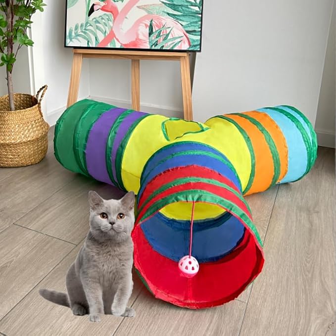 3-Way Collapsible Cat Tunnel Tube Toy Rainbow Y — Interactive Play Tunnel with Hanging Ball & Peek Hole for Indoor Cats, Kittens, Puppies & Rabbits | Hours of Fun & Exercise