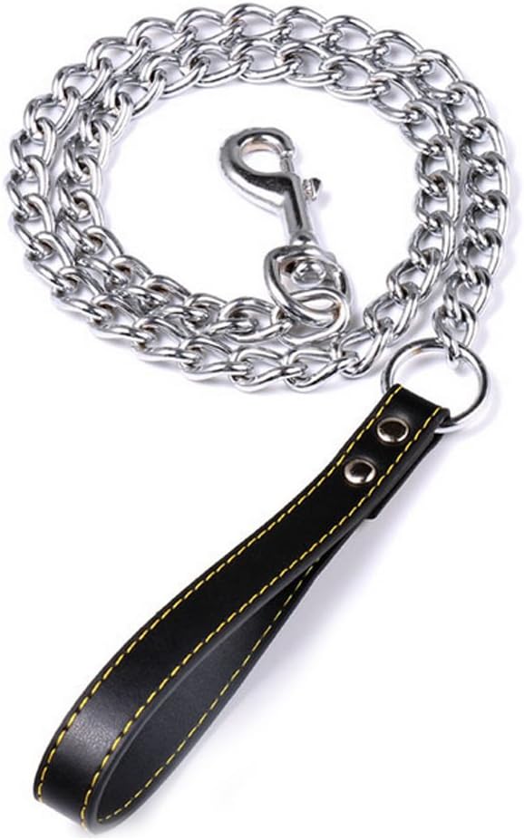 SGODA Chain Dog Leash with Leather Handle 4 Feet Black