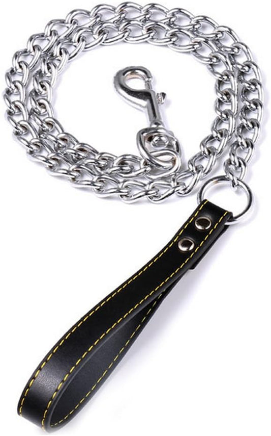 SGODA Chain Dog Leash with Leather Handle 4 Feet Black