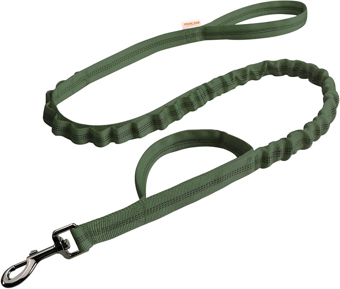 FOVRLZSE Reflective Bungee Dog Leash for Small Medium Large Dogs - 4FT to 5FT Adjustable Shock Absorbing Leash with Double Padded Handle & 360 No Tangle Metal Clasp (Olive Green)