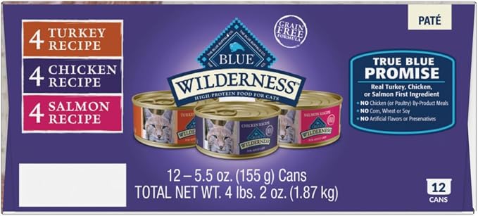 Blue Buffalo Wilderness High Protein, Natural Adult Pate Wet Cat Food Variety Pack, Chicken, Salmon, Turkey 5.5-oz can (12 Count - 4 of Each Flavor)