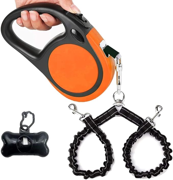 Dual Retractable Dog Leash for Small Breed (Up to 44 Lbs Each) - Double Headed 18.5 ft Extendable Pet Leash with Poop Bags, Non Slip Grip - One Button Break & Lock, 360 Tangle-Free (Orange, Medium)