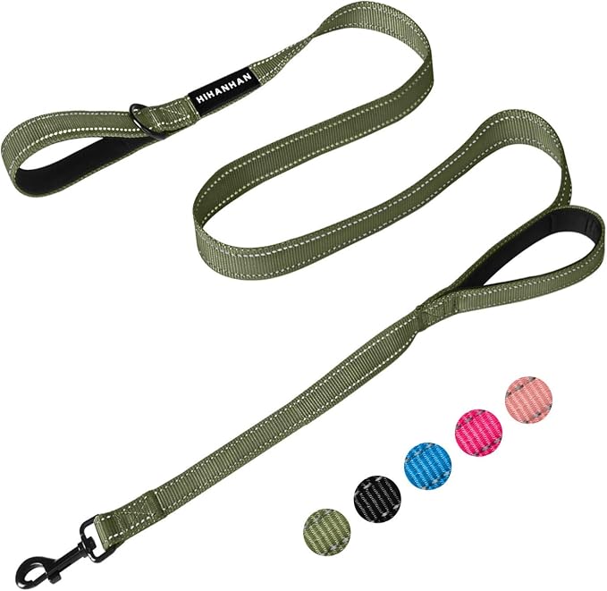 Reflective Dog Leash with Double Handle, Dog Leash 4 FT Long, Supports Medium and Large Dogs, Heavy Duty for Walking, Running, and Training, Green